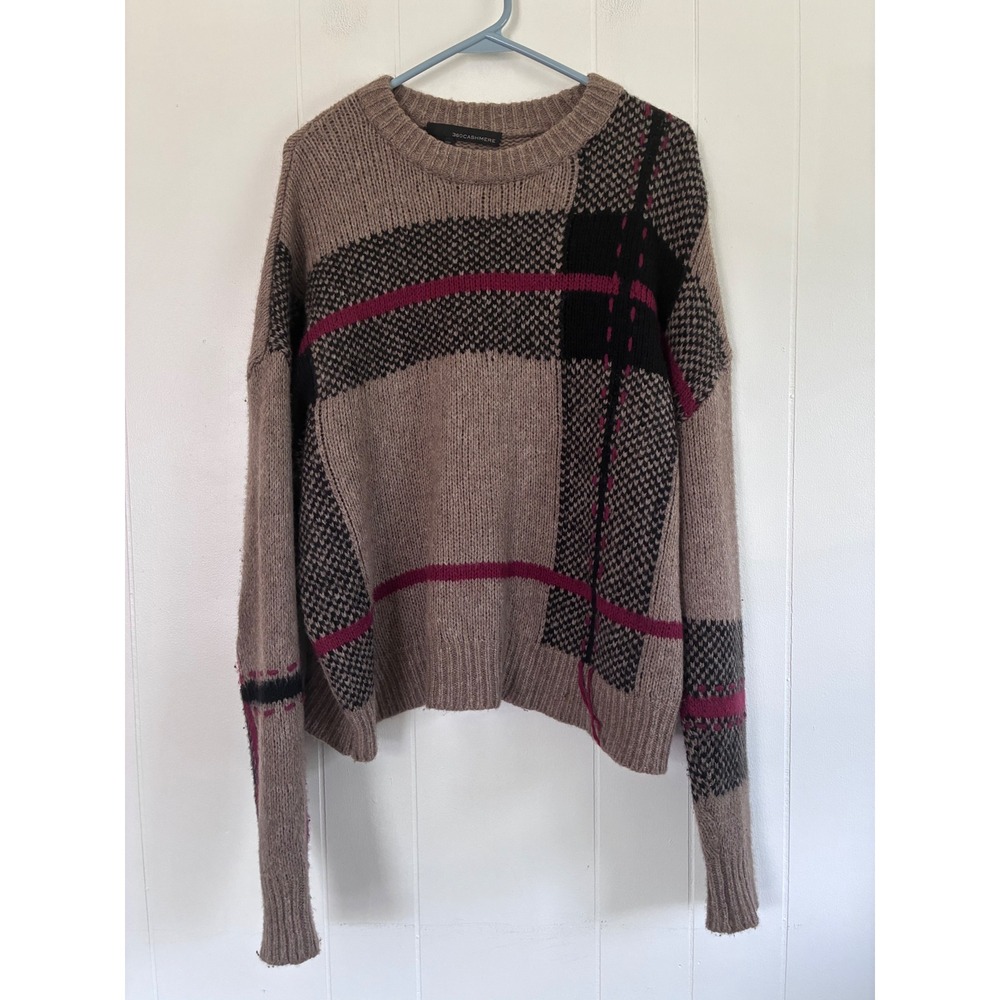 360 Cashmere Merino Wool Plaid Sweater Taupe Black Magenta Large L26 P24